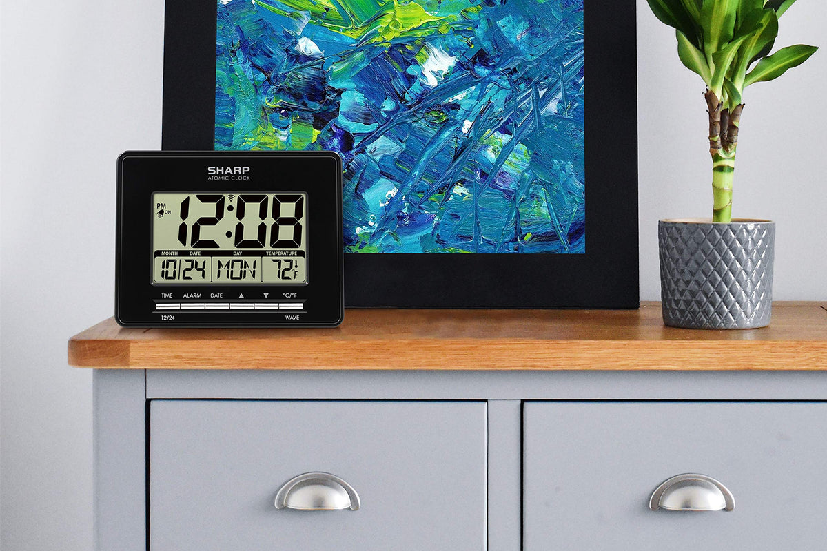 Sharp Atomic Desktop Clock nightstand setup for reliable alarms