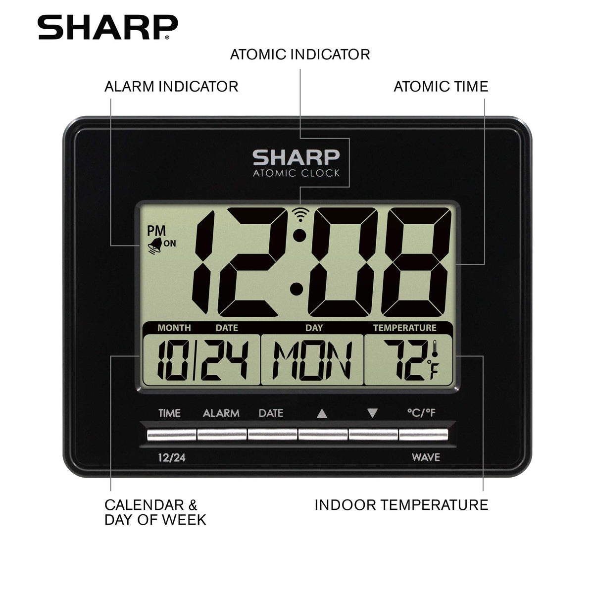 Sharp Atomic Desktop Clock snooze button close up for a quick wakeup