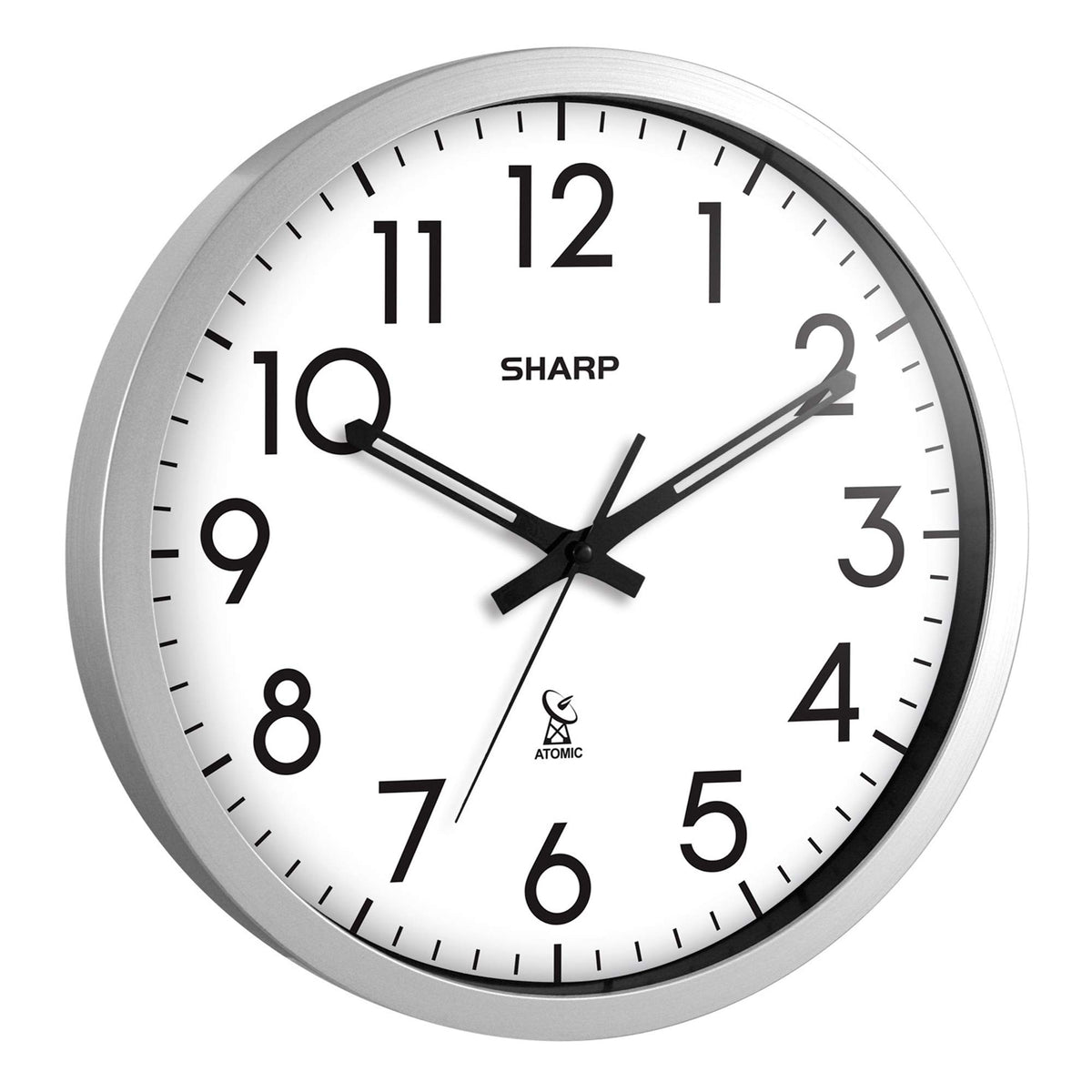Sharp Atomic Analog Wall Clock with silver-brushed frame complements any decor and reads clearly.