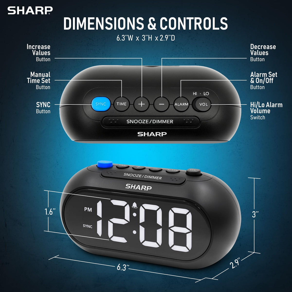 Sharp Auto Set Alarm Clock battery backup protects time and alarms during outages