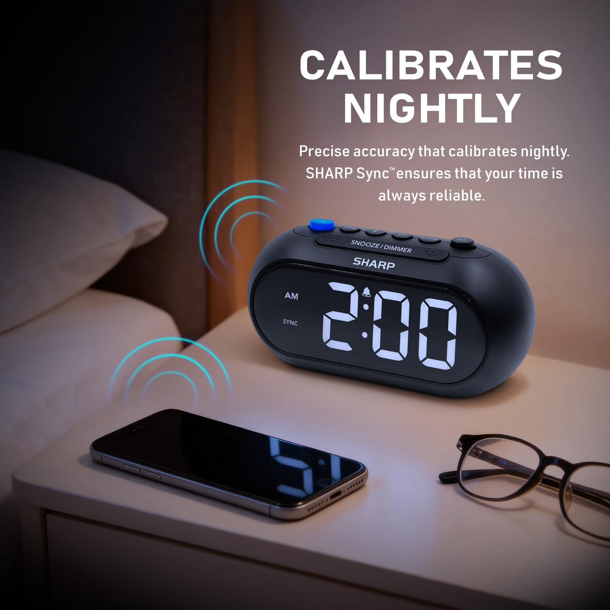 Sharp Auto Set Alarm Clock bedroom scene illustrating a simple wake-up routine