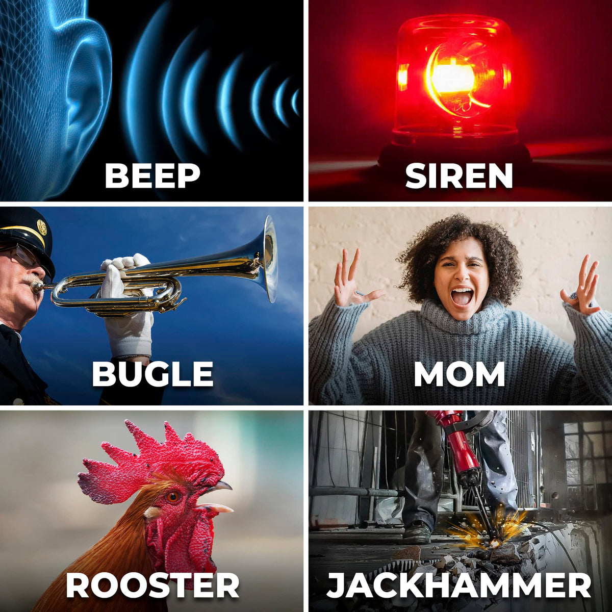 Sharp Big Bang display illustrating six loud wake sounds for customizable mornings
