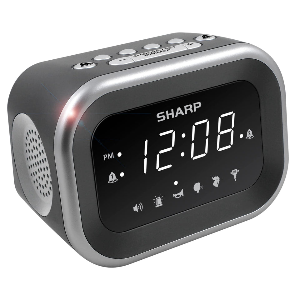 Sharp Big Bang alarm clock front view with bold LED display for quick time reading