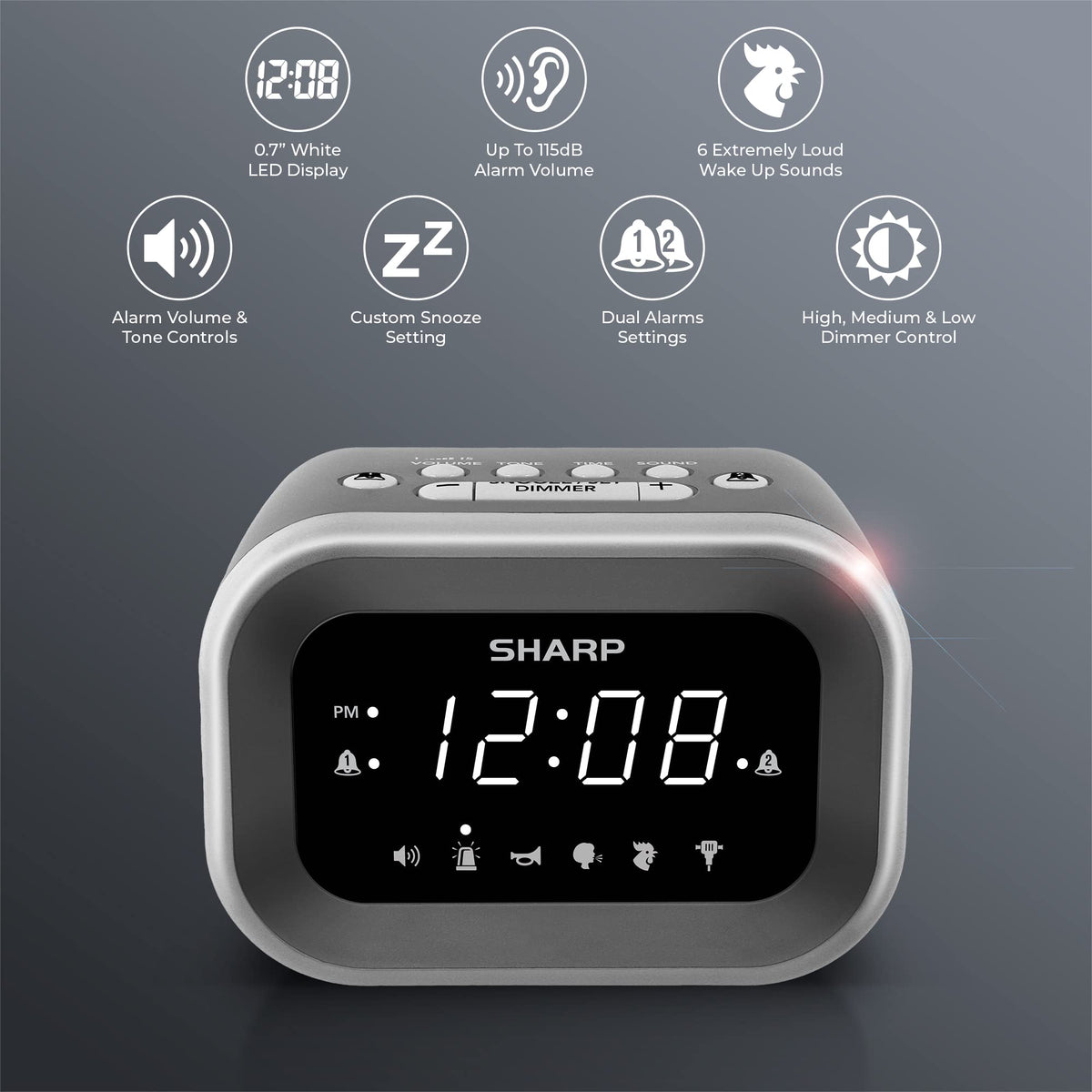 Sharp Big Bang alarm clock top view highlighting accessible snooze and controls