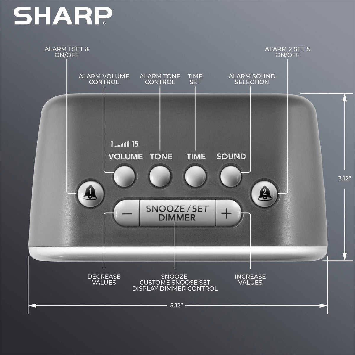 Sharp Big Bang clock showing dual alarms and easy snooze options
