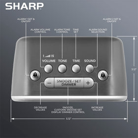 Sharp Big Bang clock showing dual alarms and easy snooze options