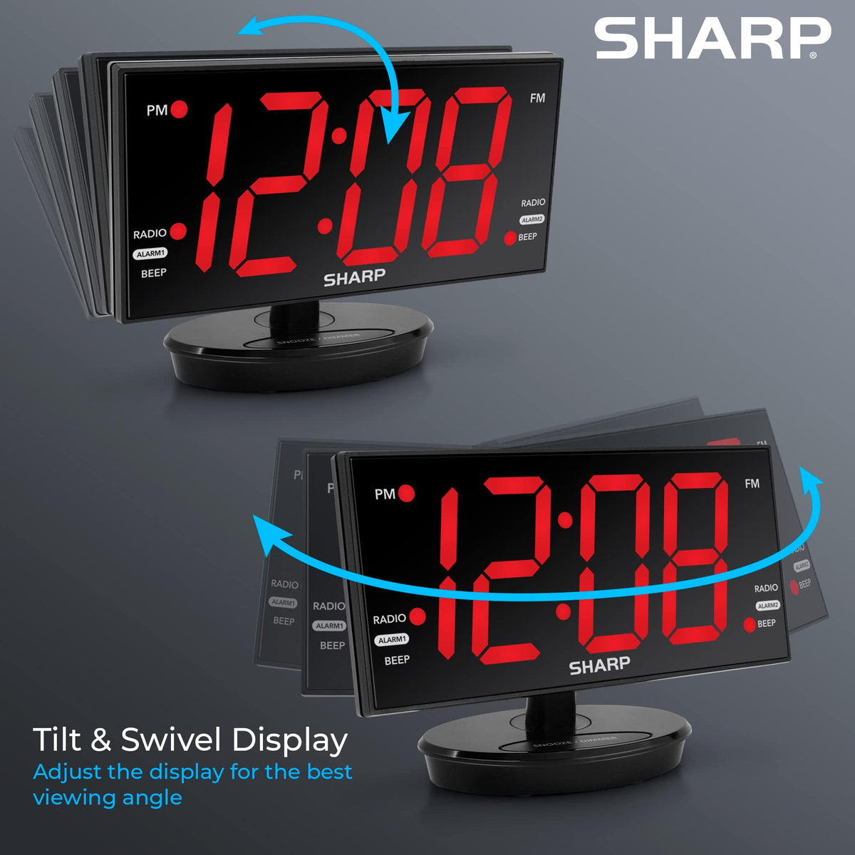 Sharp Digital Alarm Clock tilt and swivel display offers flexible viewing from anywhere