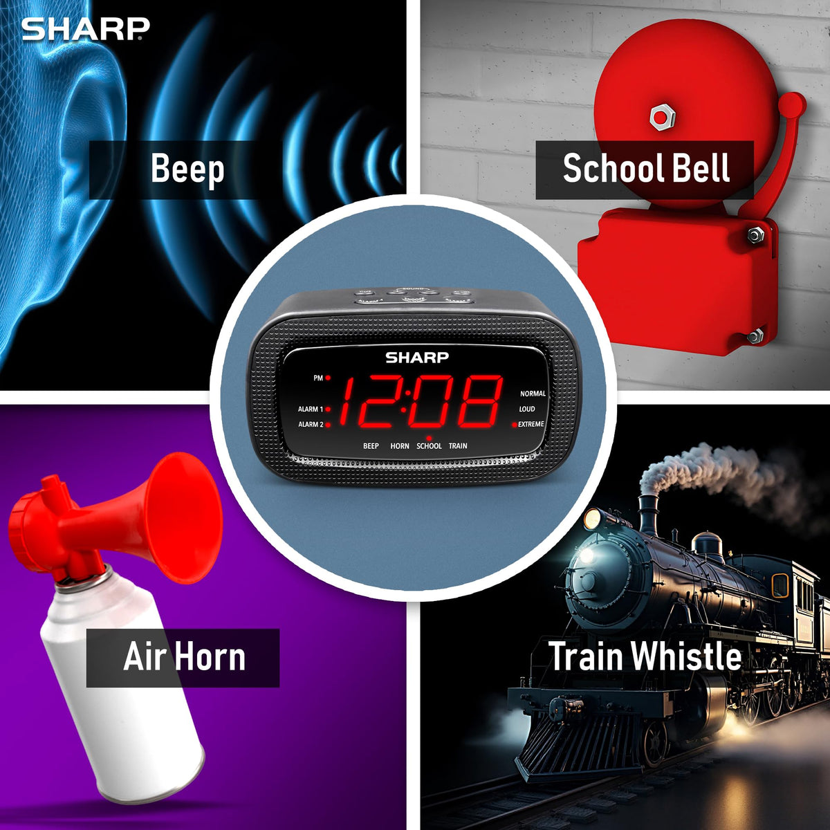 Sharp Shockwave alarm clock with train whistle cue grabs attention quickly.
