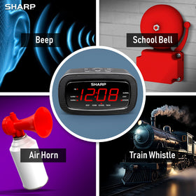 Sharp Shockwave alarm clock with train whistle cue grabs attention quickly.