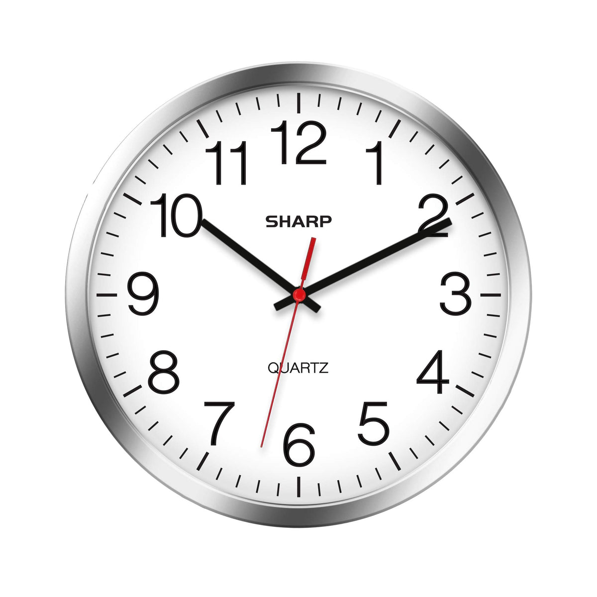 Sharp wall clock with silver chrome face for easy readability.