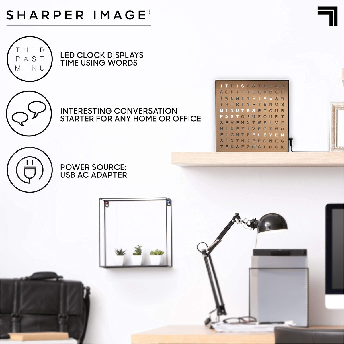 Closeup of Sharper Image LED Word Clock copper frame and illuminated words