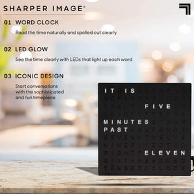 Sharper Image LED Word Clock 7.75-inch dimensions fit shelves and nightstands