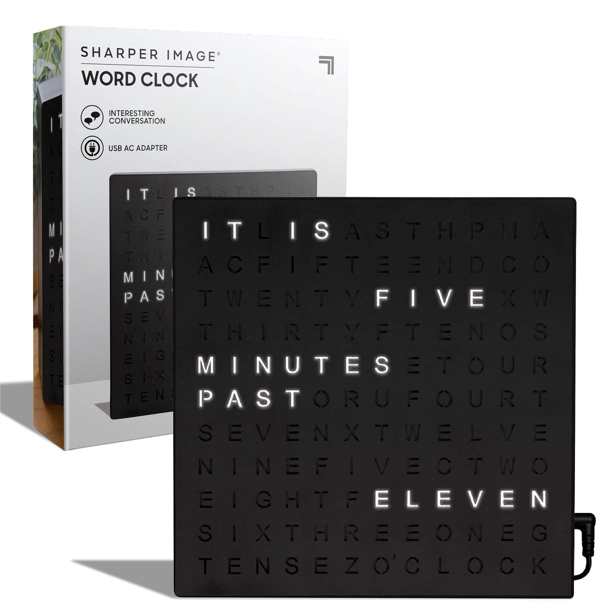 Sharper Image LED Word Clock front view displays time in words for quick reading