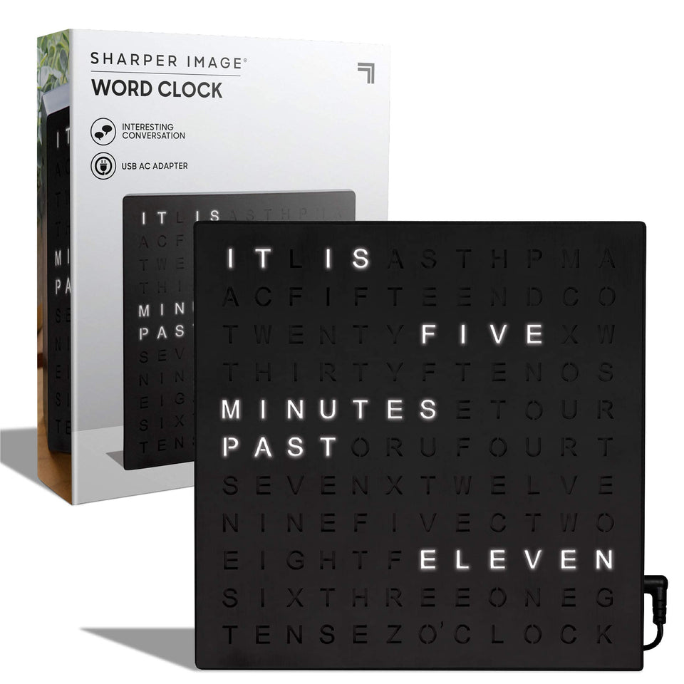 Sharper Image LED Word Clock front view displays time in words for quick reading