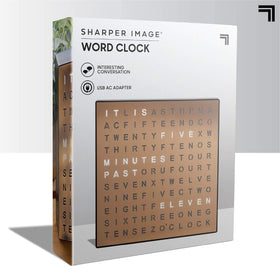 Gift-ready Sharper Image LED Word Clock packaging highlights design and time-in-words concept