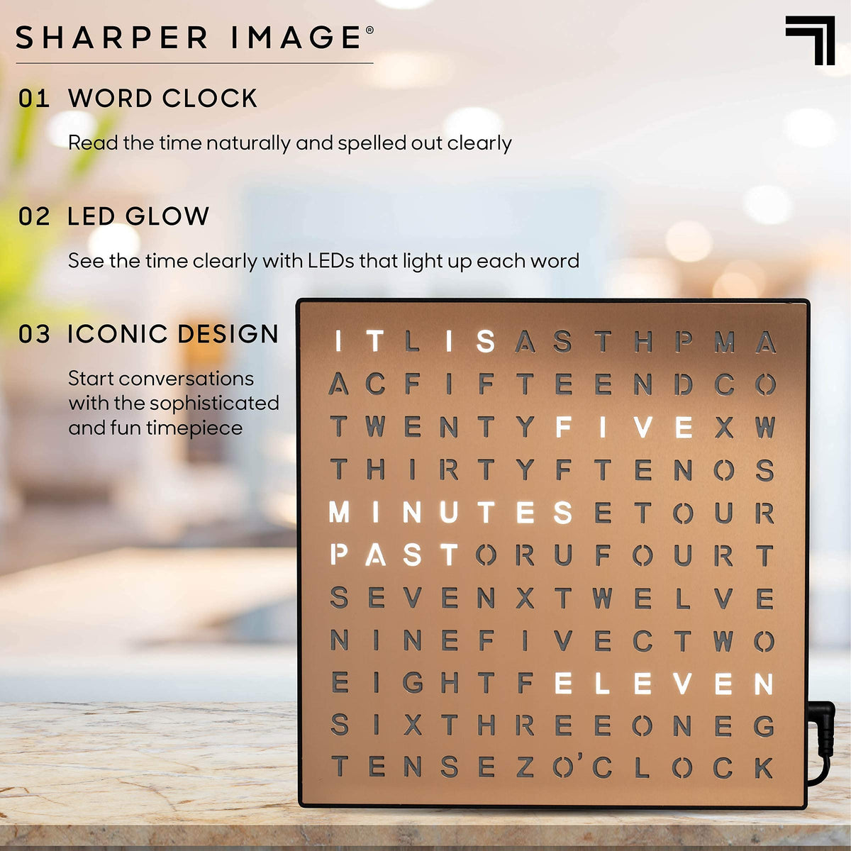 Sharper Image LED Word Clock USB powered setup for easy plug-in desk use