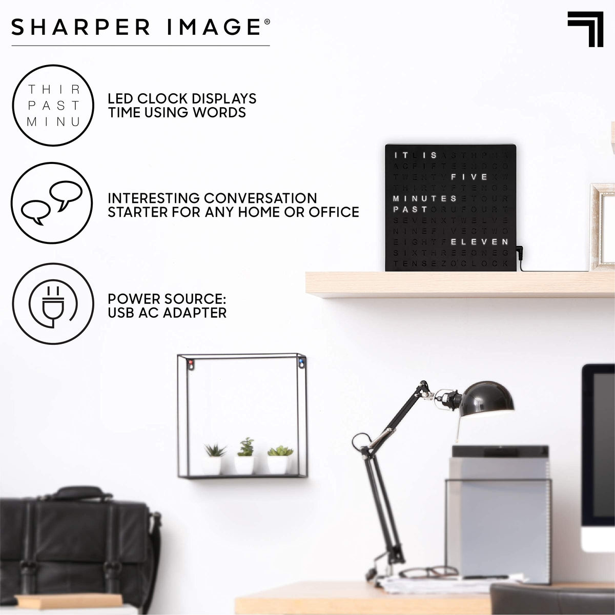 Sharper Image LED Word Clock wall mount adds a modern decor touch