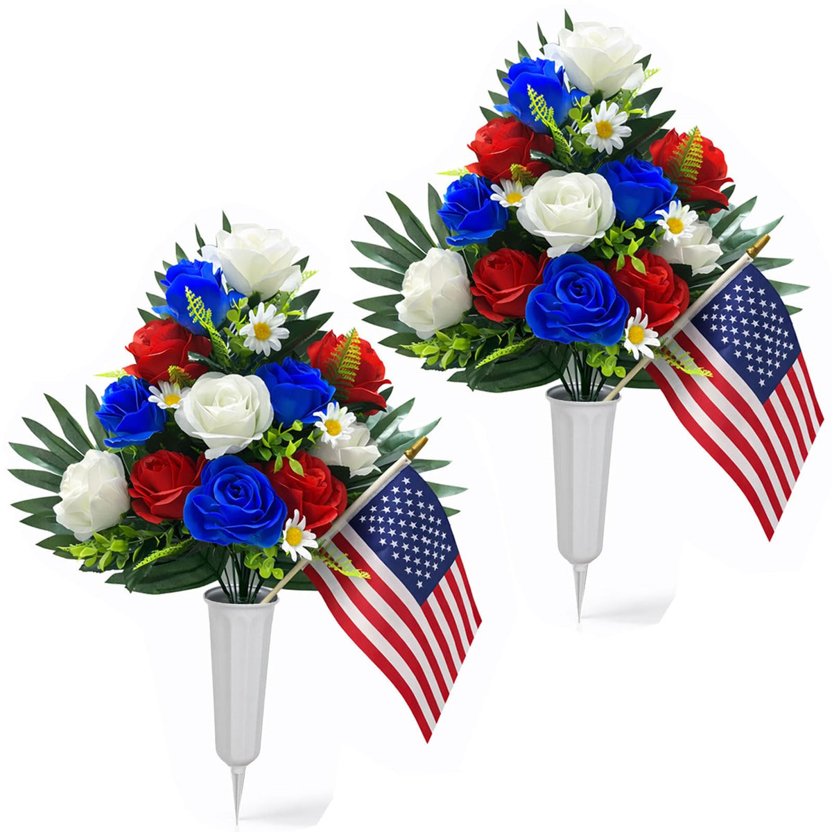 SharpRealm patriotic bouquet for Memorial Day cemetery—enduring red, white, and blue colors.