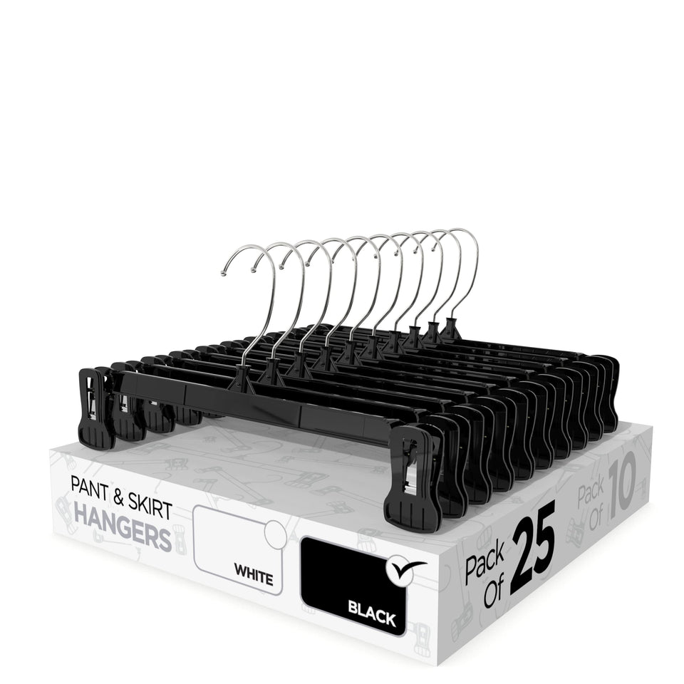 Sharpty pant and skirt hanger with non-slip clips protects fabrics and keeps garments secure.