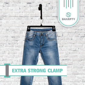 Sharpty durable plastic hangers resist warping and support coats and jeans.