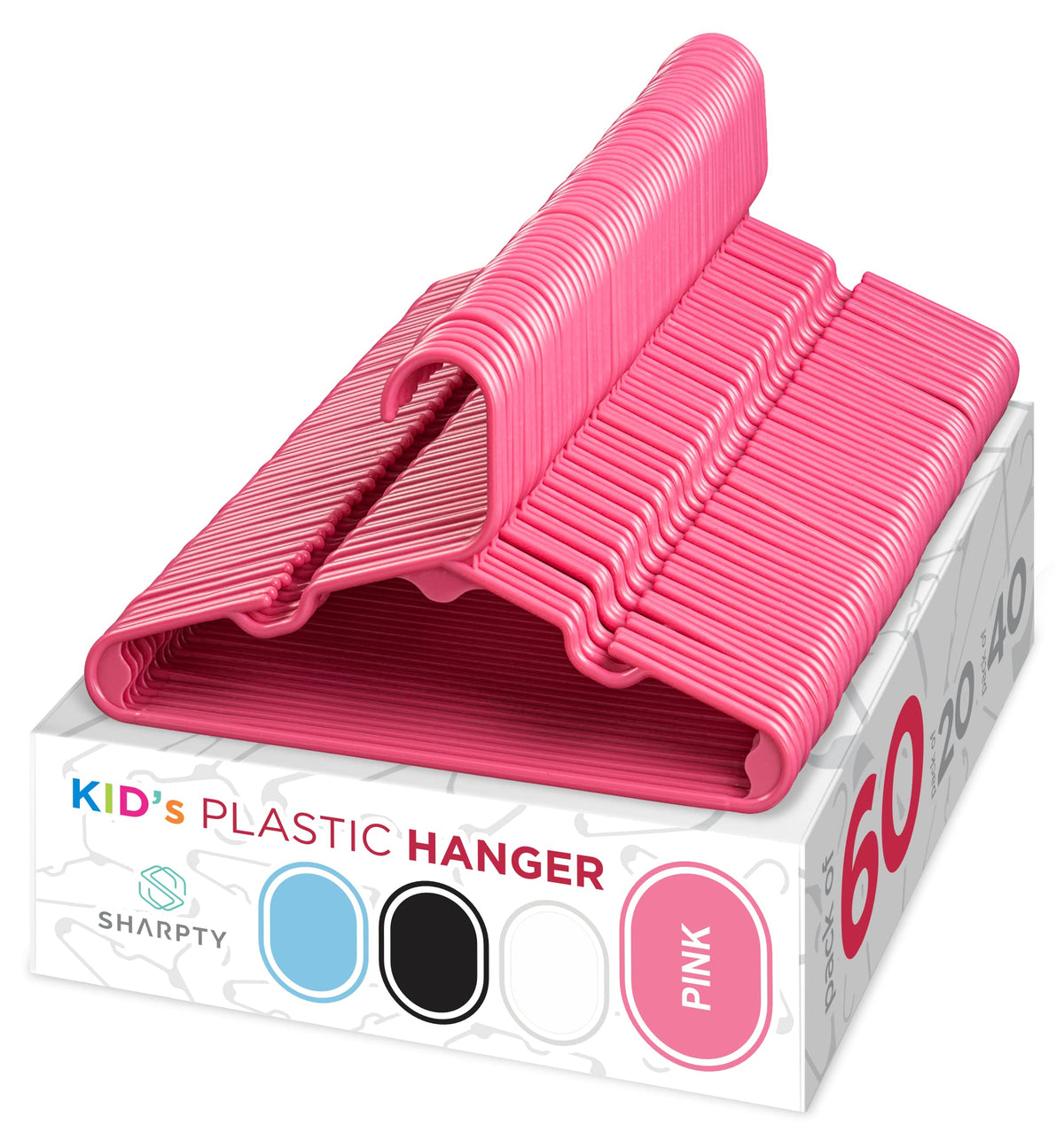Sharpty Kids Plastic Hangers pink 60-pack for organized kids' wardrobes.