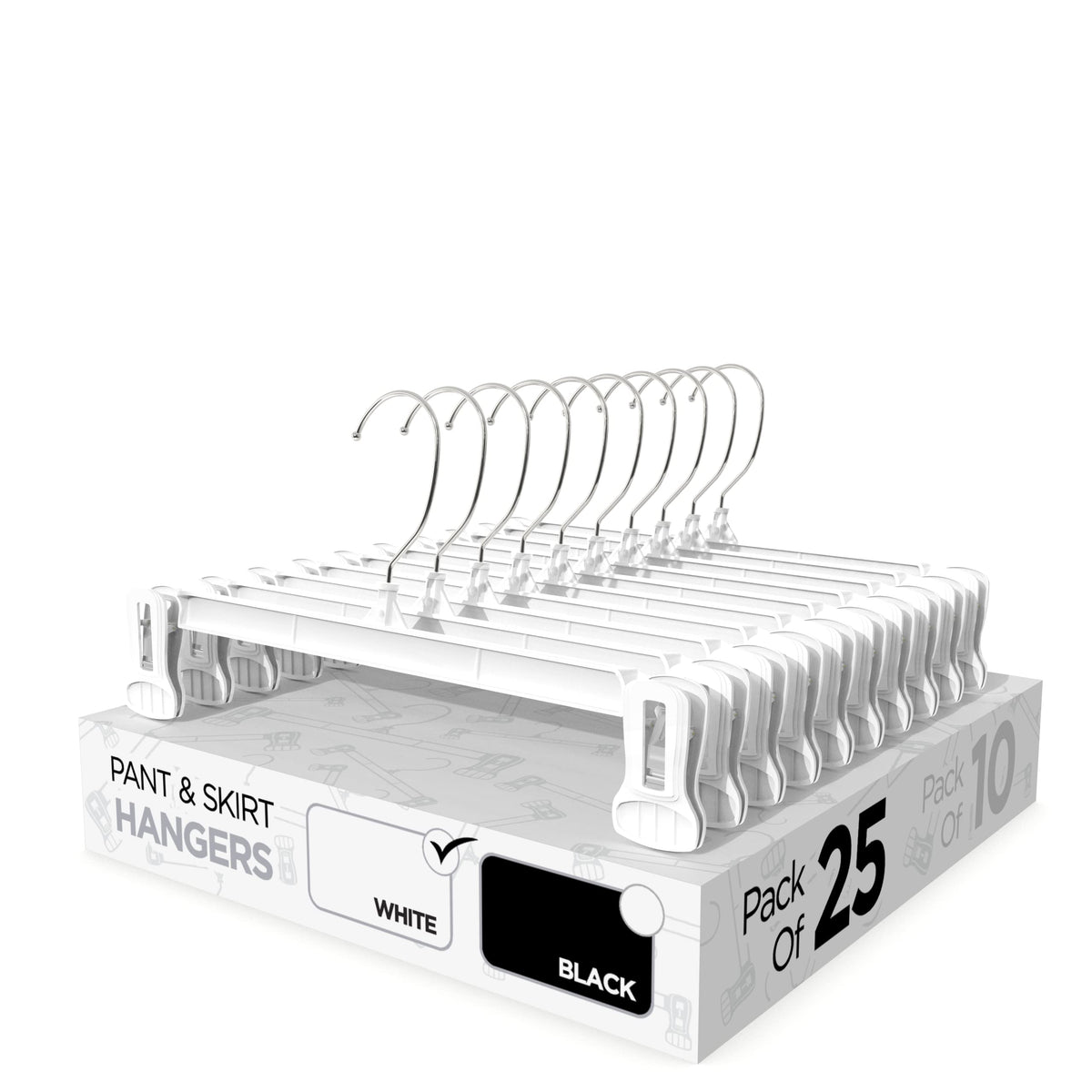 Sharpty pant and skirt hangers with non slip clips for secure garment storage.