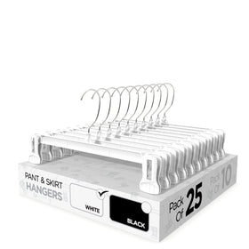 Sharpty pant and skirt hangers with non slip clips for secure garment storage.