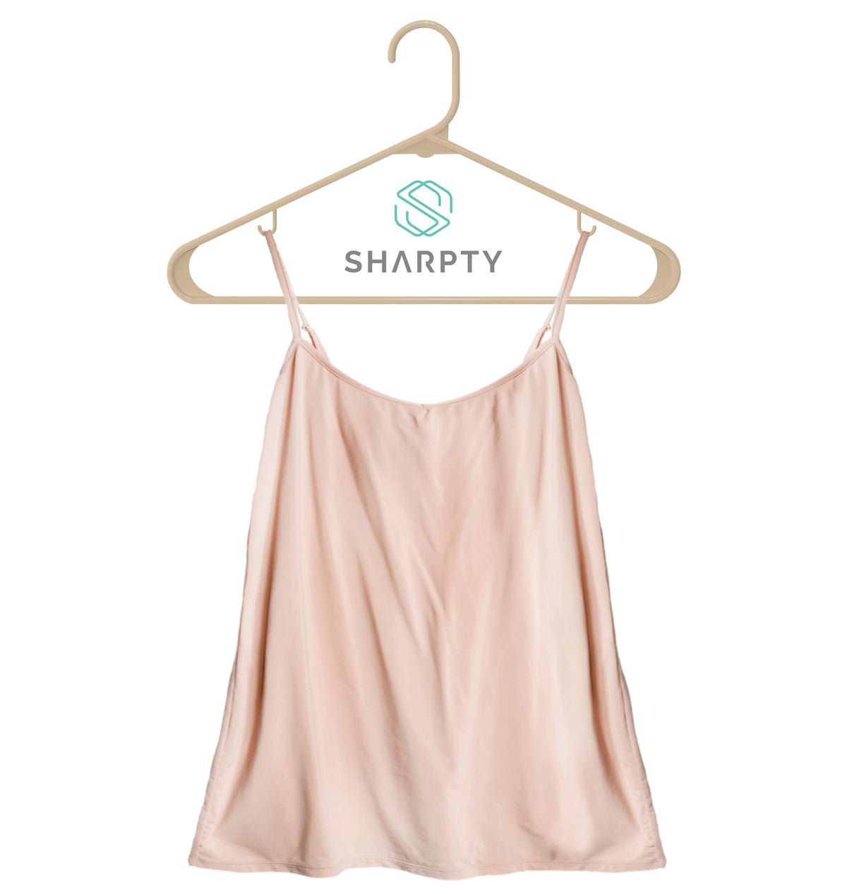 Sharpty beige slim-profile hanger saves space in compact closets.