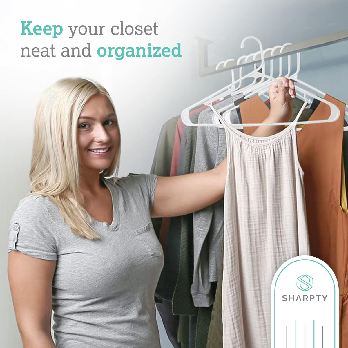 Adult-size 16x10 inch Sharpty hanger supporting shirts and blouses