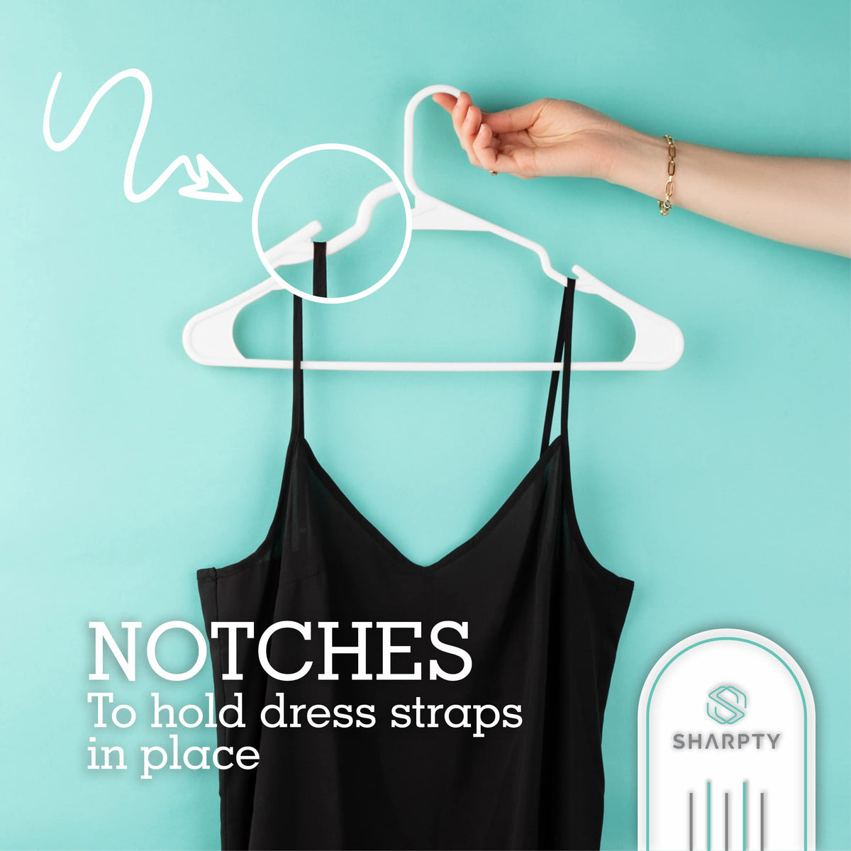 Sharpty plastic hanger with smooth surface protects fabrics from creases and snags.