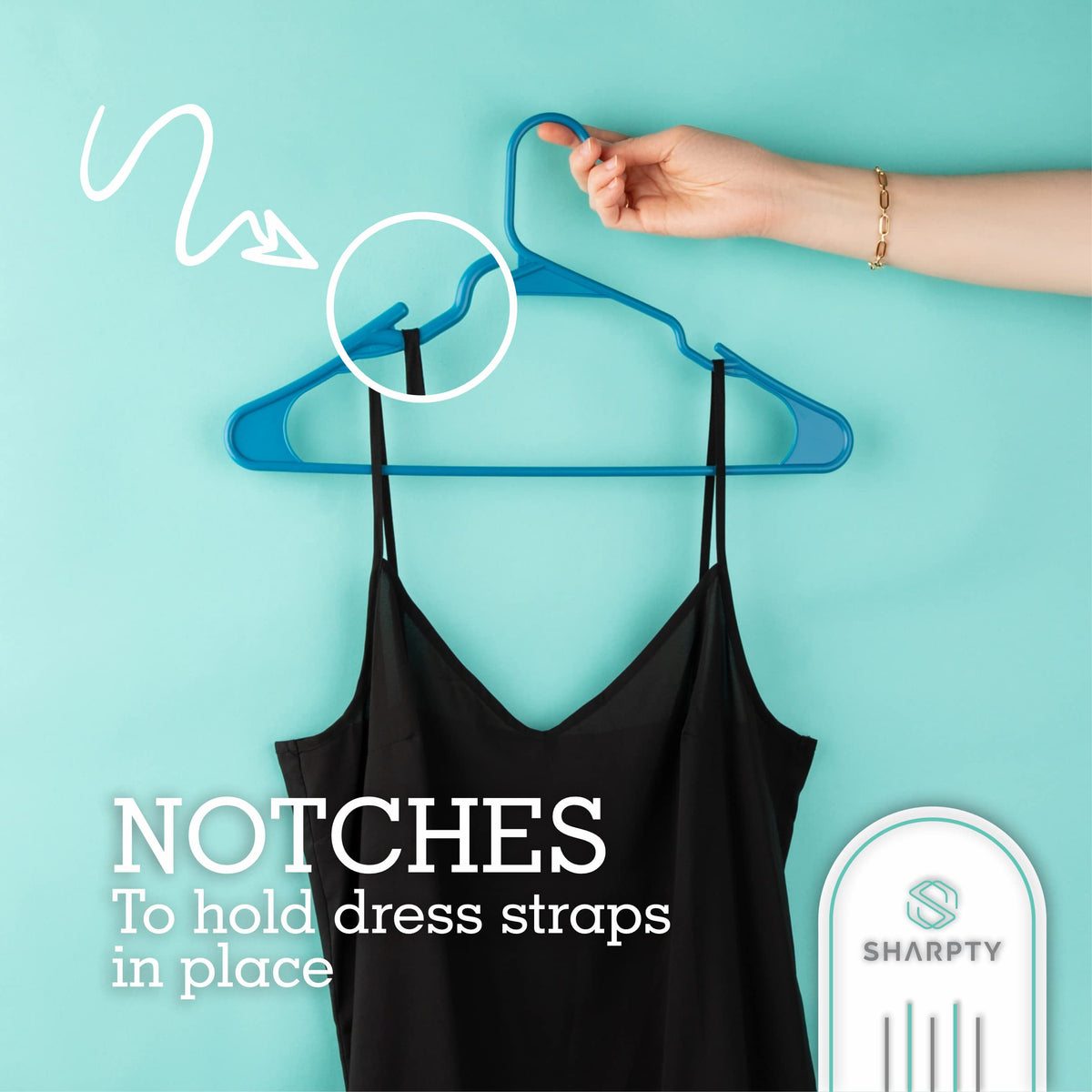 Durable Sharpty hangers with smooth surface prevent creases on coats and shirts.