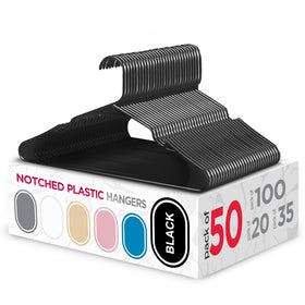 Sharpty plastic hangers with notched profile keep garments secure and organized.