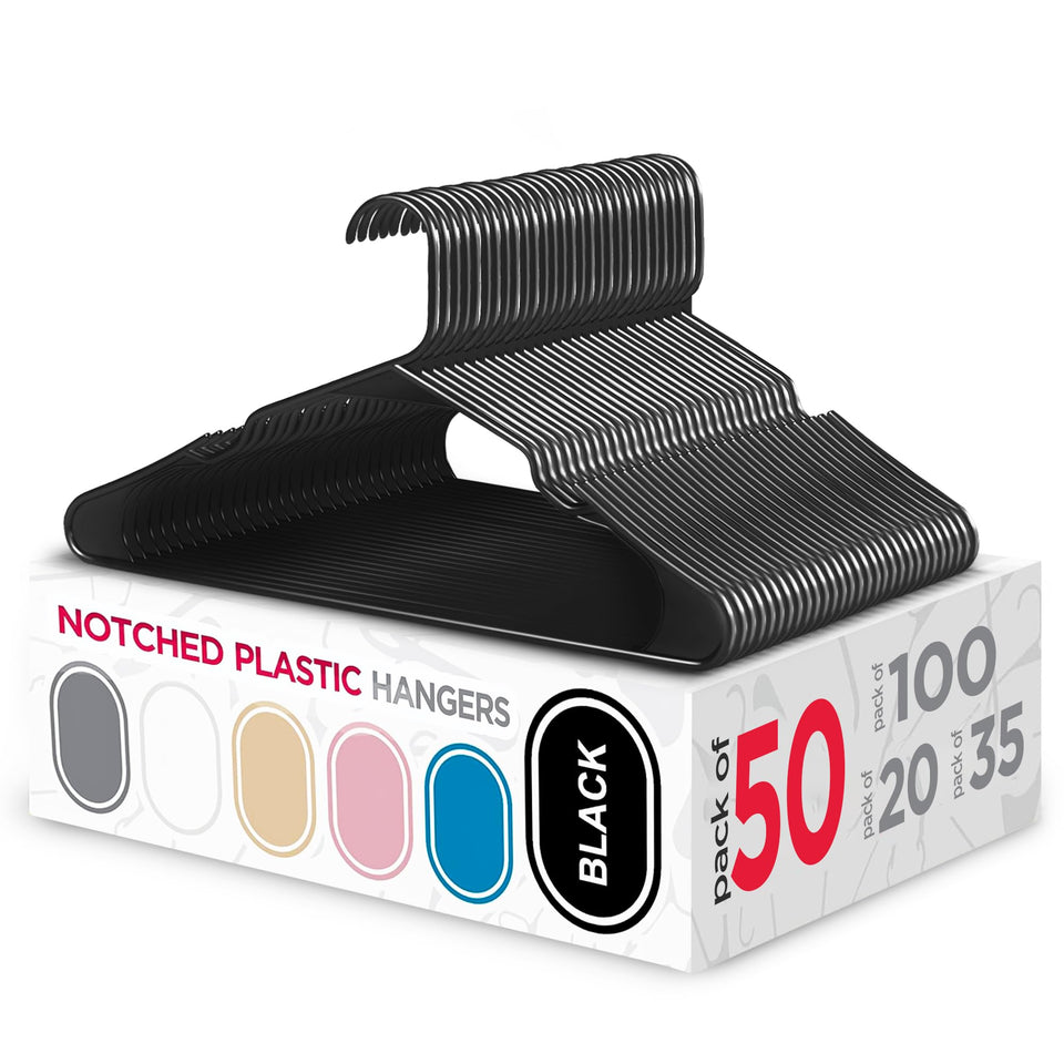 Sharpty plastic hangers with notched profile keep garments secure and organized.