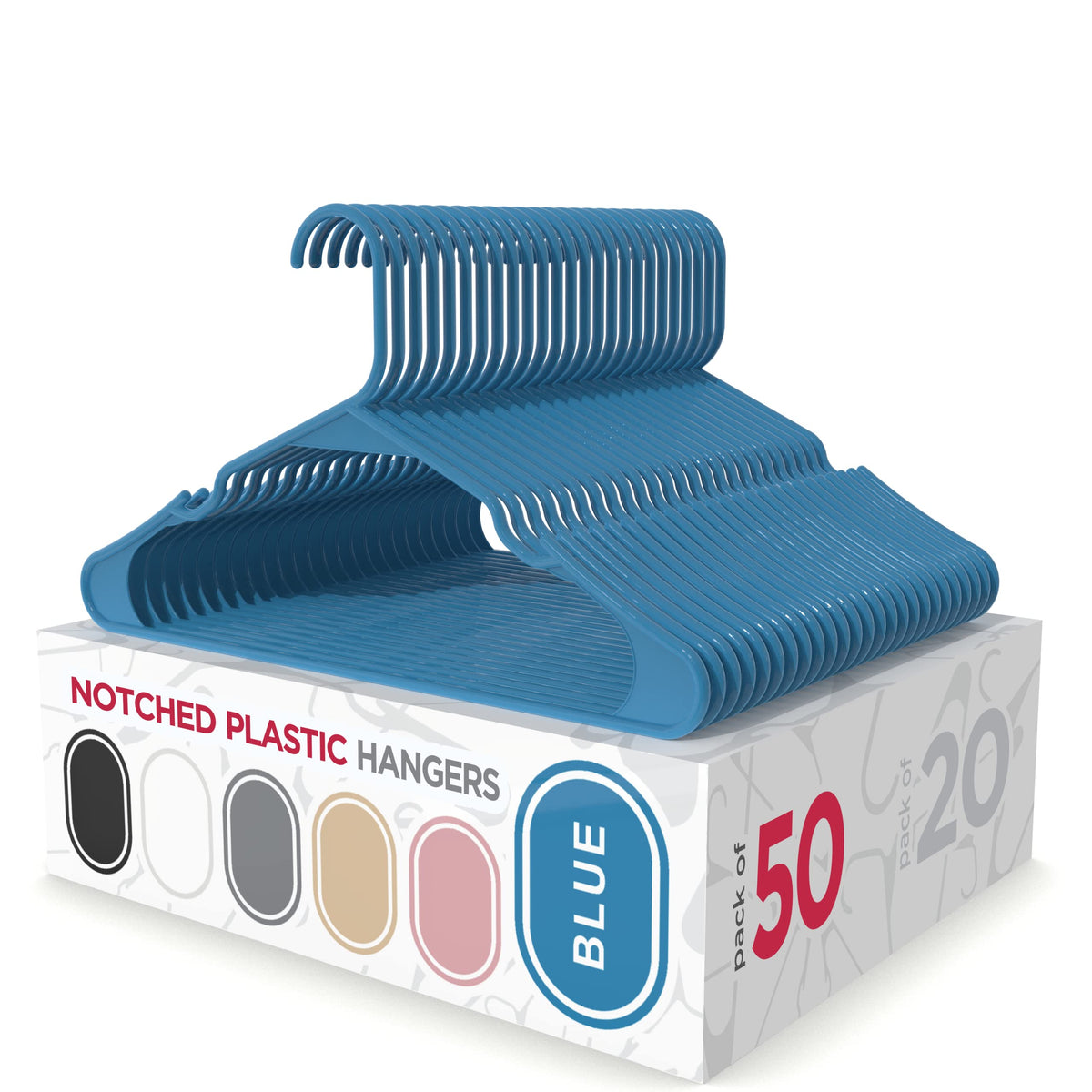Sharpty plastic hanger with notched shoulders keeps garments secure and organized.