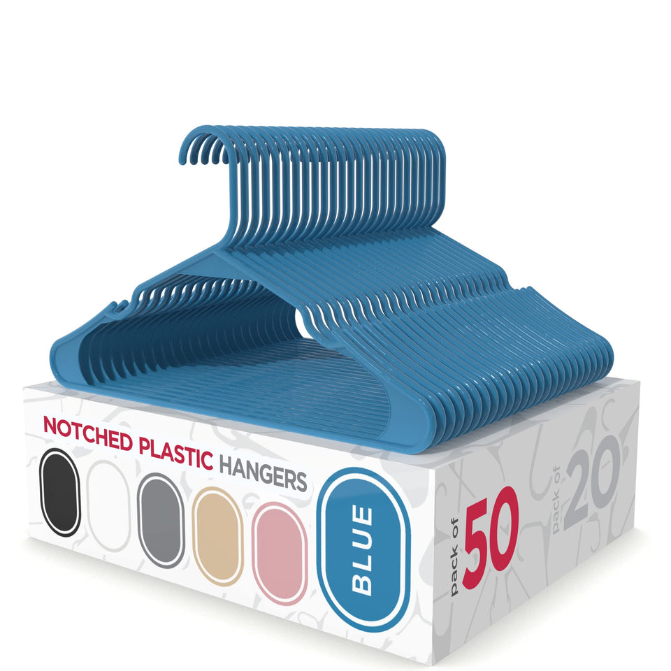 Sharpty plastic hanger with notched shoulders keeps garments secure and organized.