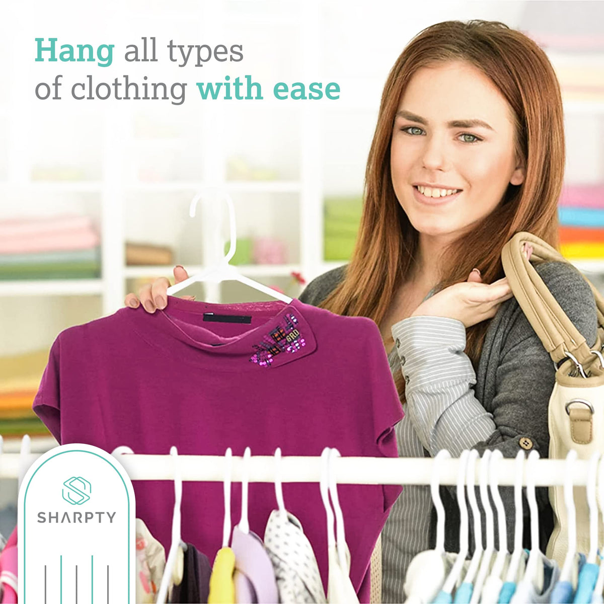 Sharpty plastic hanger with slim profile maximizes closet space and speeds dressing.