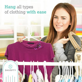 Sharpty plastic hanger with slim profile maximizes closet space and speeds dressing.