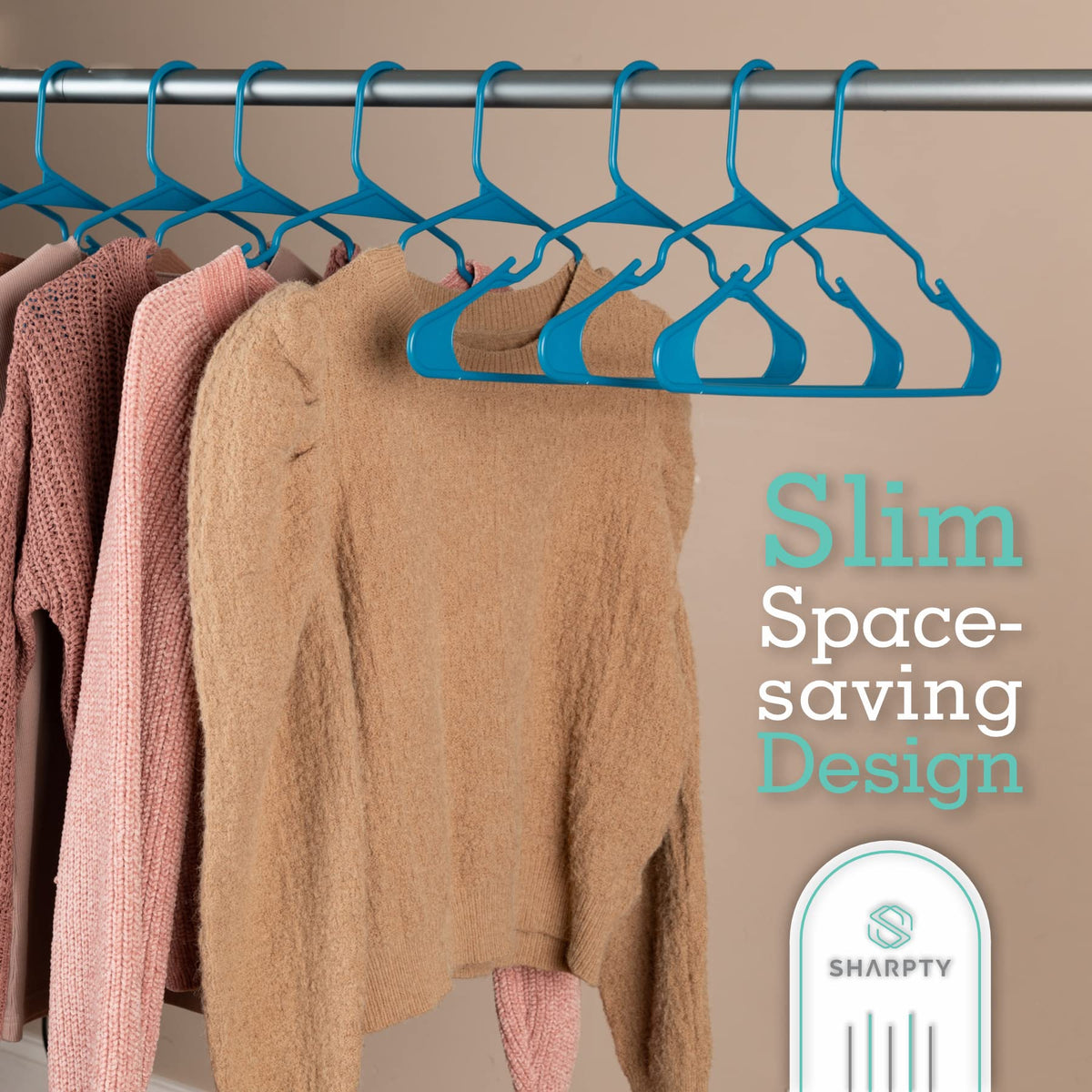 Sharpty hangers with embedded grooves secure belts, ties, and delicate straps.