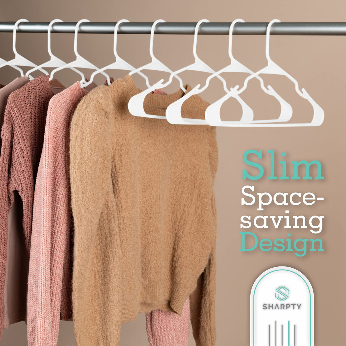 Sharpty plastic hanger with reinforced edges holds heavier coats without warping.