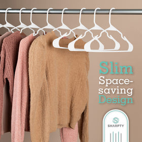 Sharpty plastic hanger with reinforced edges holds heavier coats without warping.