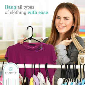 Sharpty space-saving hangers maximize closet room while preserving easy visibility.