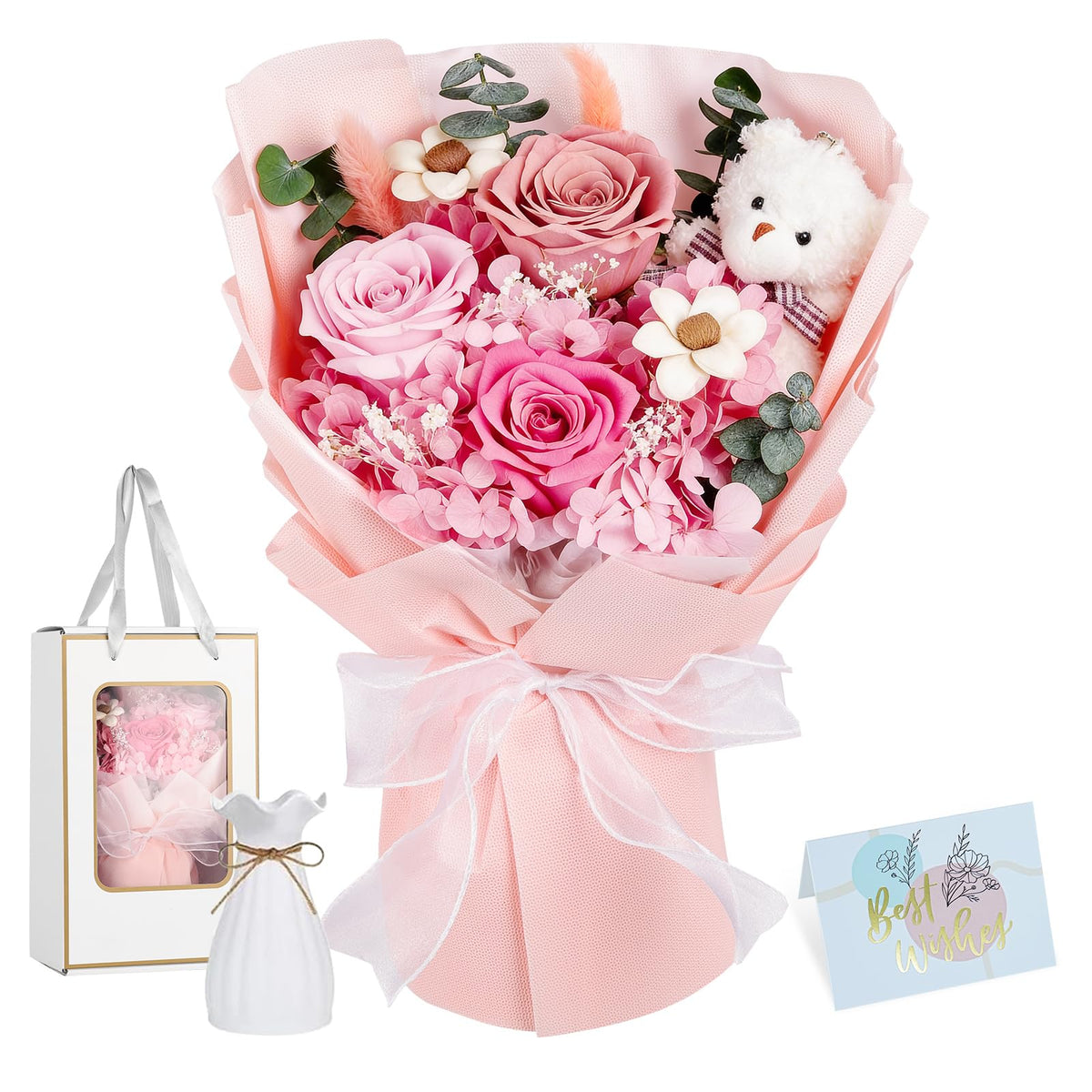 Shearly preserved bouquet with bear, a long-lasting gift ready for gifting