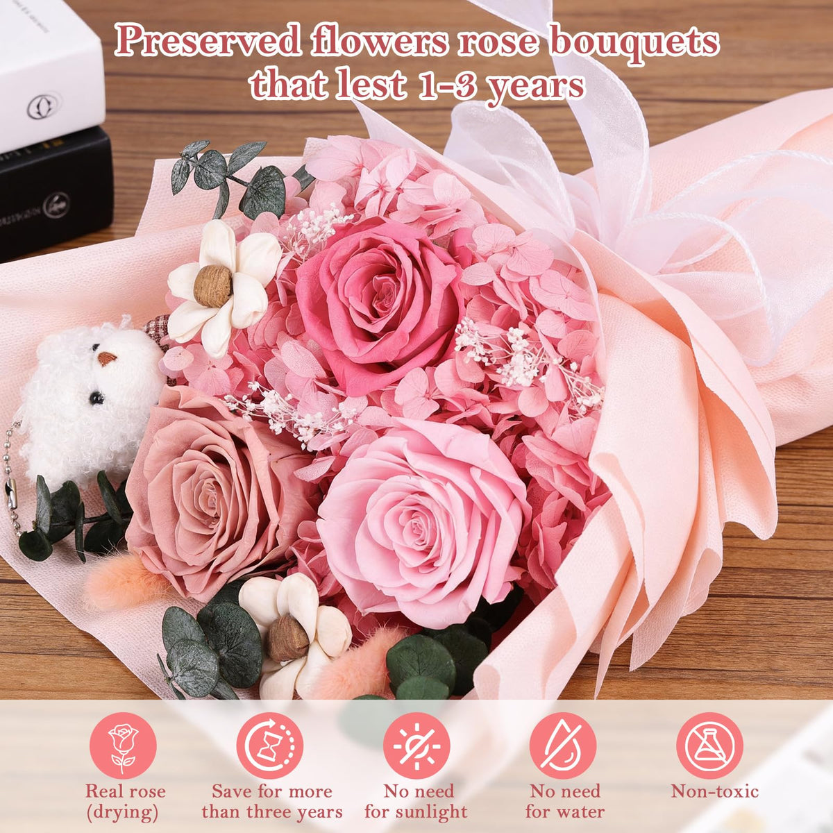 Shearly preserved bouquet gift box with vase inside ready-to-display