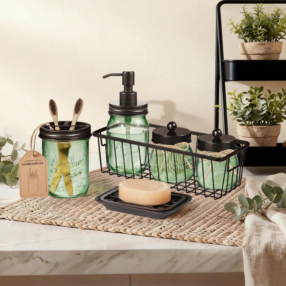 SheeChung green mason jar qtip holder keeps cotton swabs organized and within reach