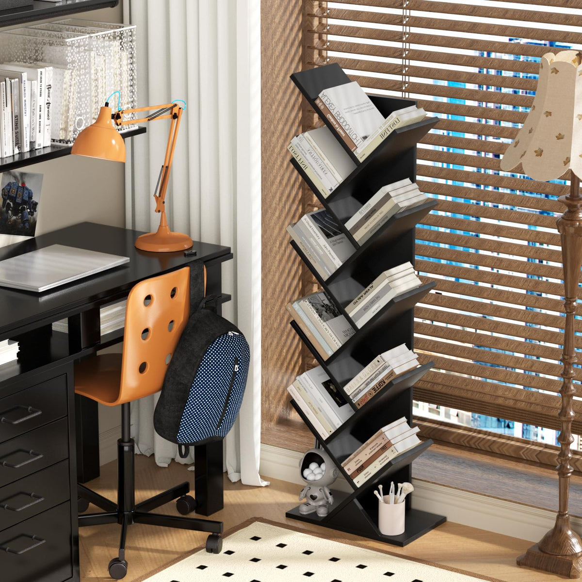 SHEEPAM black wooden bookcase filled with books for ample storage