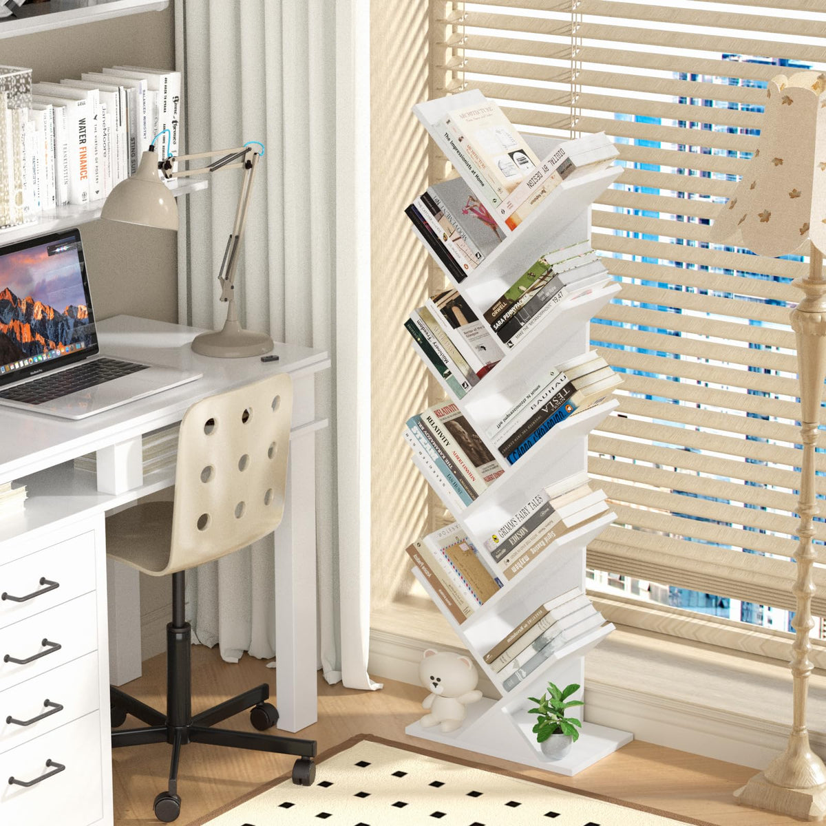 SHEEPAM narrow-space tree bookshelf fits corners for compact home organization.