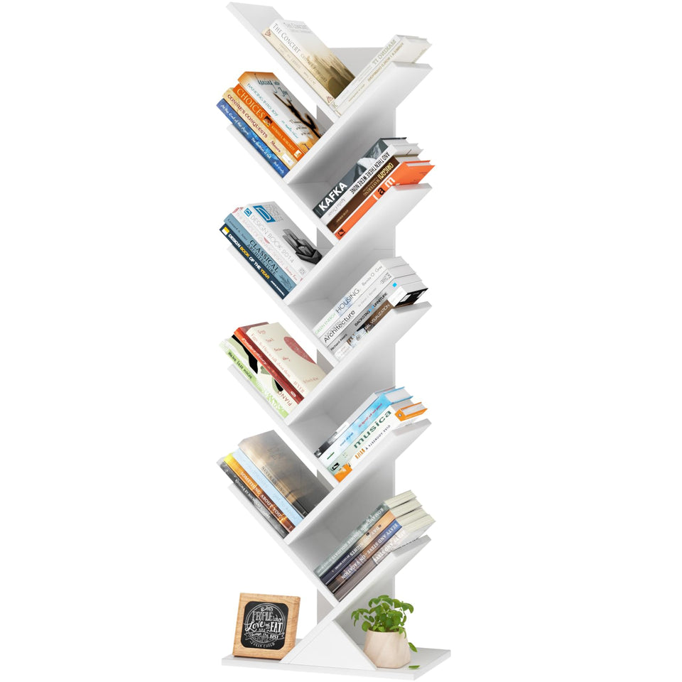 SHEEPAM 10-tier tree book shelf in white offers organized storage and decorative appeal.