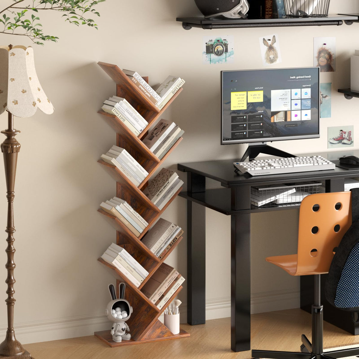 SHEEPAM tree book shelf organized with books and decor