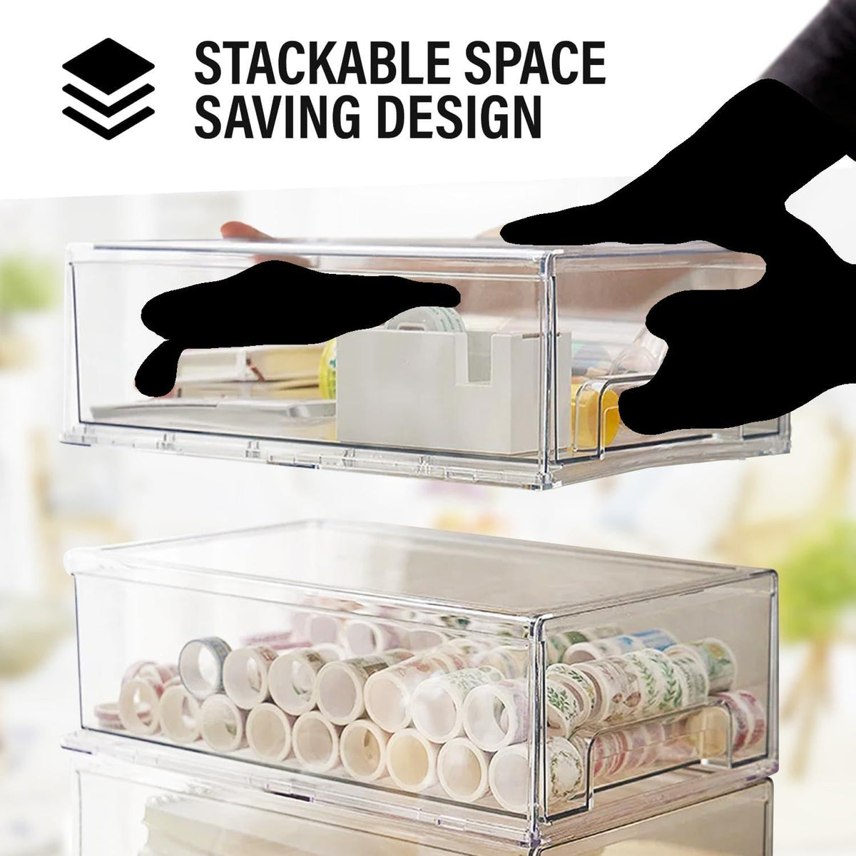 ShelfShaper clear makeup bin for cosmetics storage and quick access.