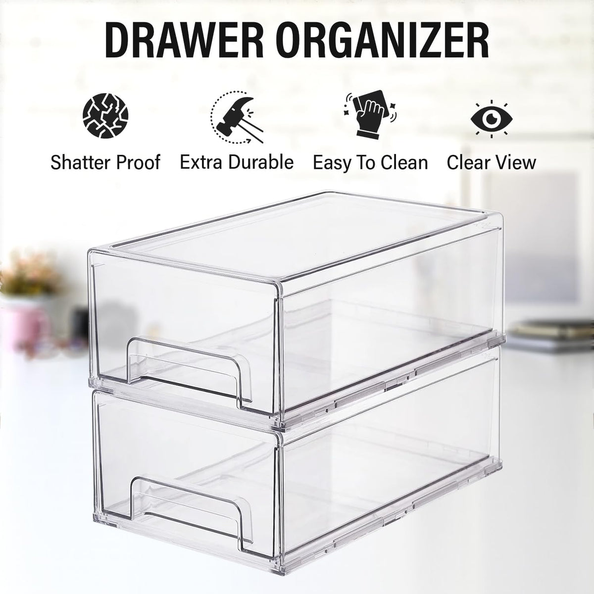 ShelfShaper clear plastic bin for under-sink organization and clutter reduction.